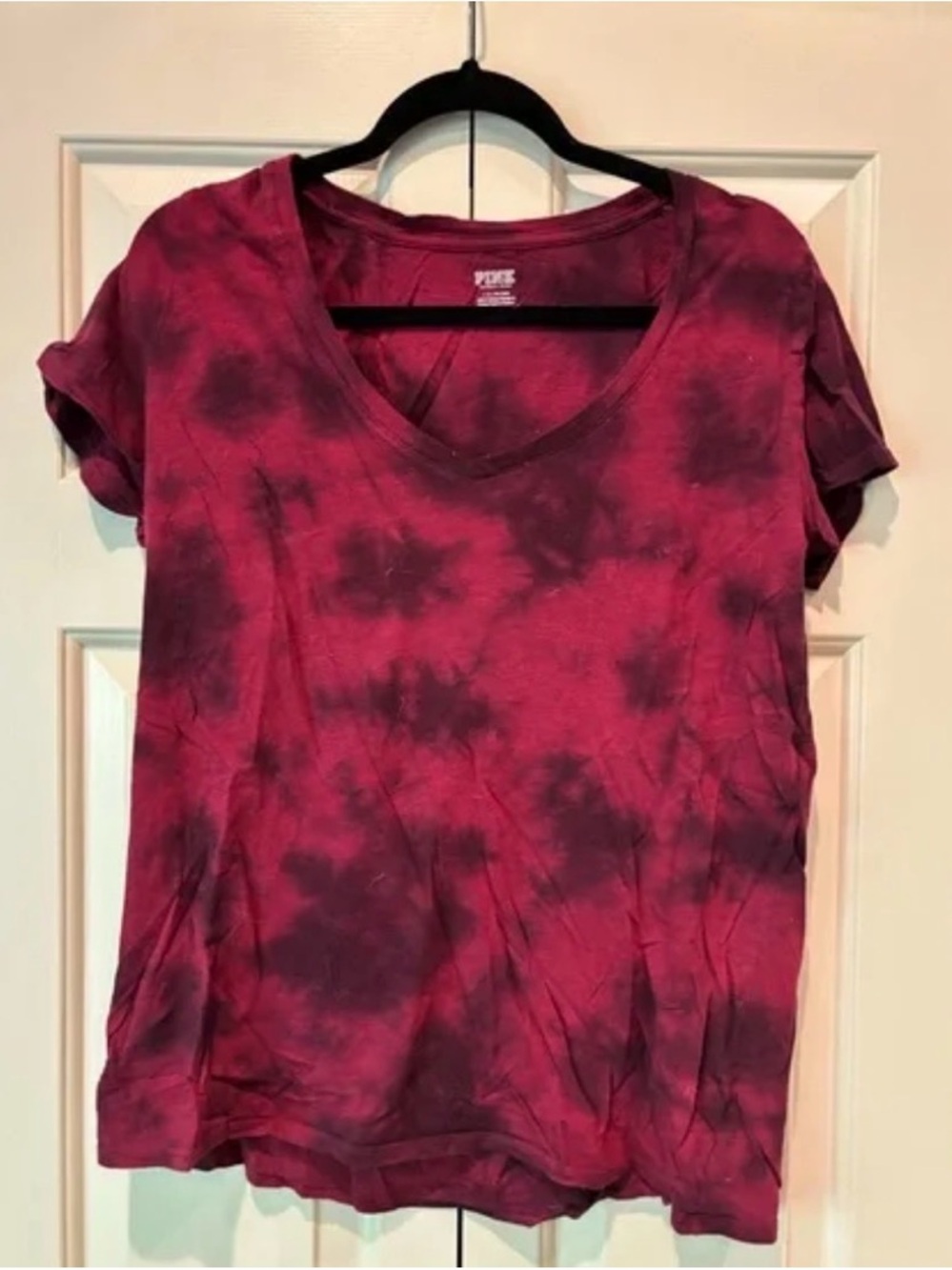 PINK Victoria's Secret Burgundy and Purple Tie-Dye V-Neck Tee